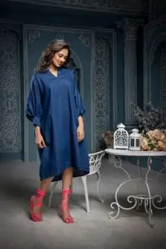 #Be | LUCIA-NAVY | Featuring A Wide Relaxed Fit Kaftan Sleeve Knee Length Dress In Solid Blue